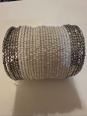 White and Silver Beaded Cuff Bracelet